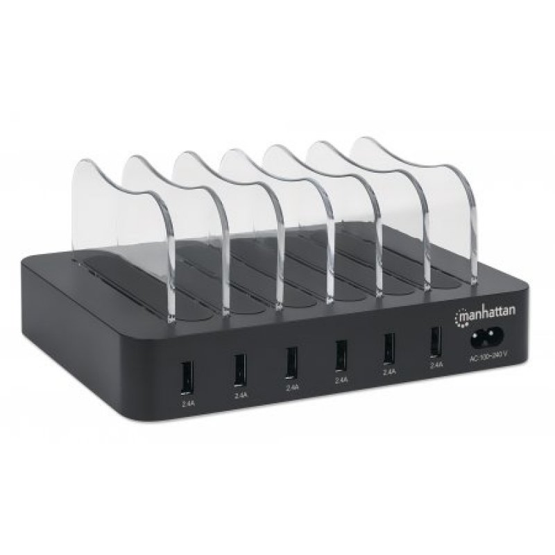 Manhattan Charging Station 6x USB-A Ports Outputs: 6x 2.4A Smart IC LED Indicator Lights Black Three Year