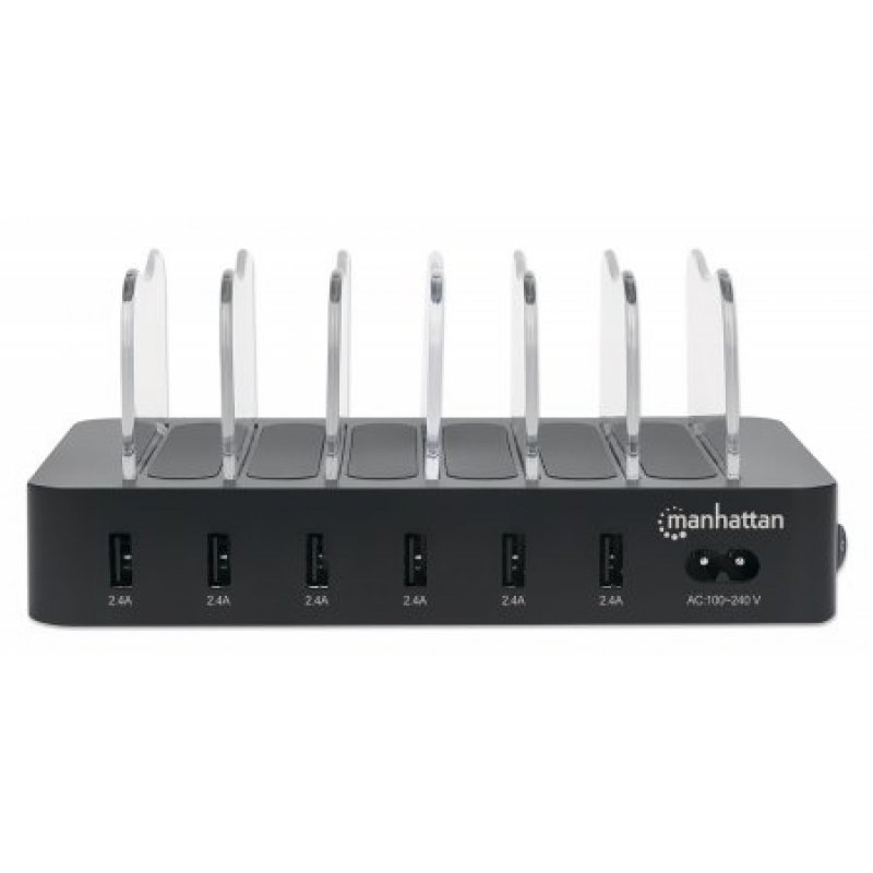 Manhattan Charging Station 6x USB-A Ports Outputs: 6x 2.4A Smart IC LED Indicator Lights Black Three Year