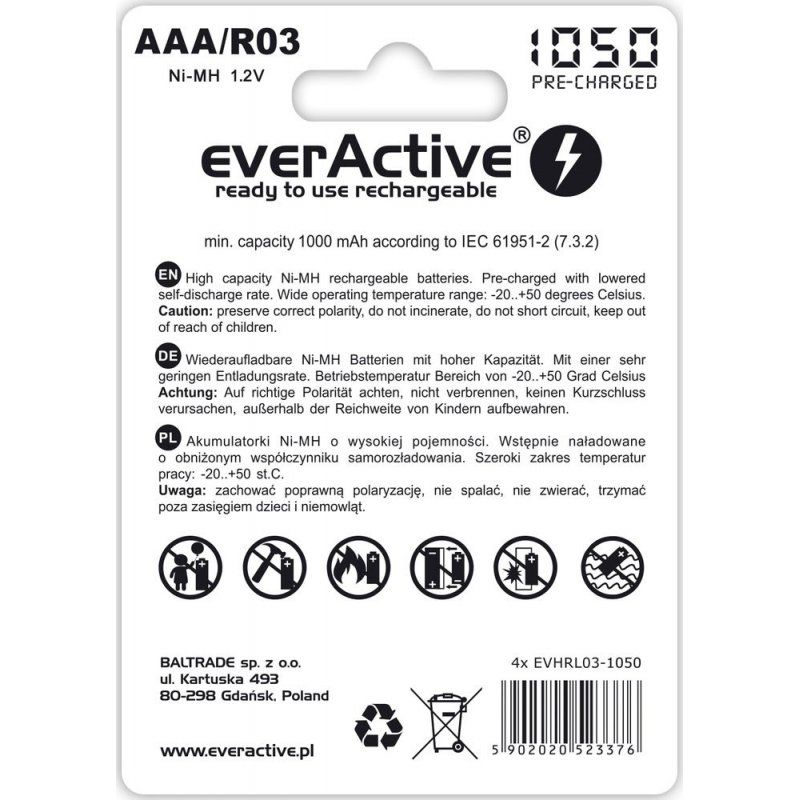 Everactive EVHRL03-1050 pile domestique Batterie rechargeable AAA Hybrides nickel-métal (NiMH)
