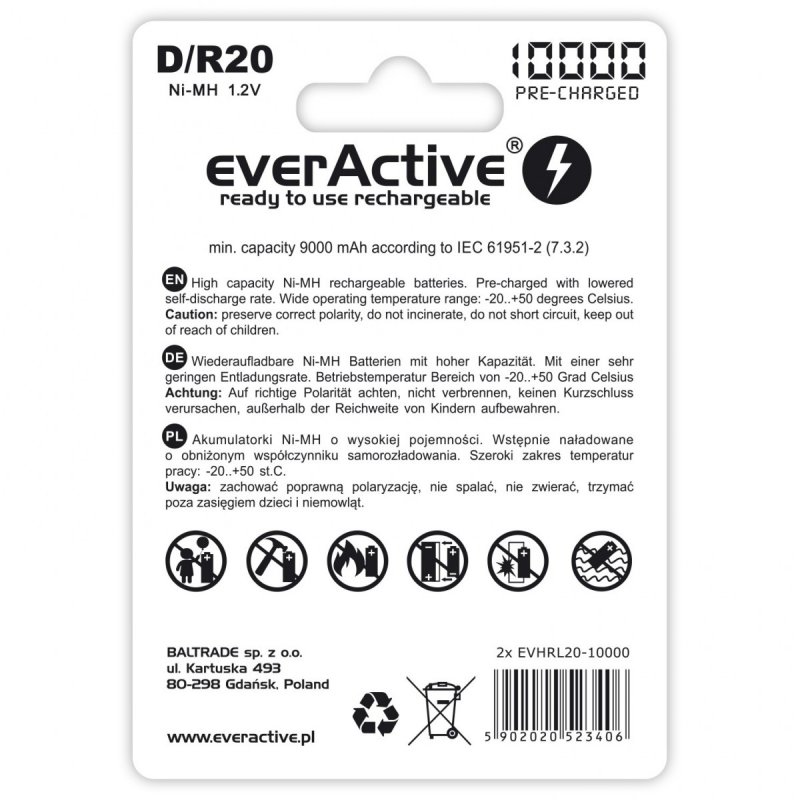 Everactive EVHRL20-10000 pile domestique Batterie rechargeable D Hybrides nickel-métal (NiMH)