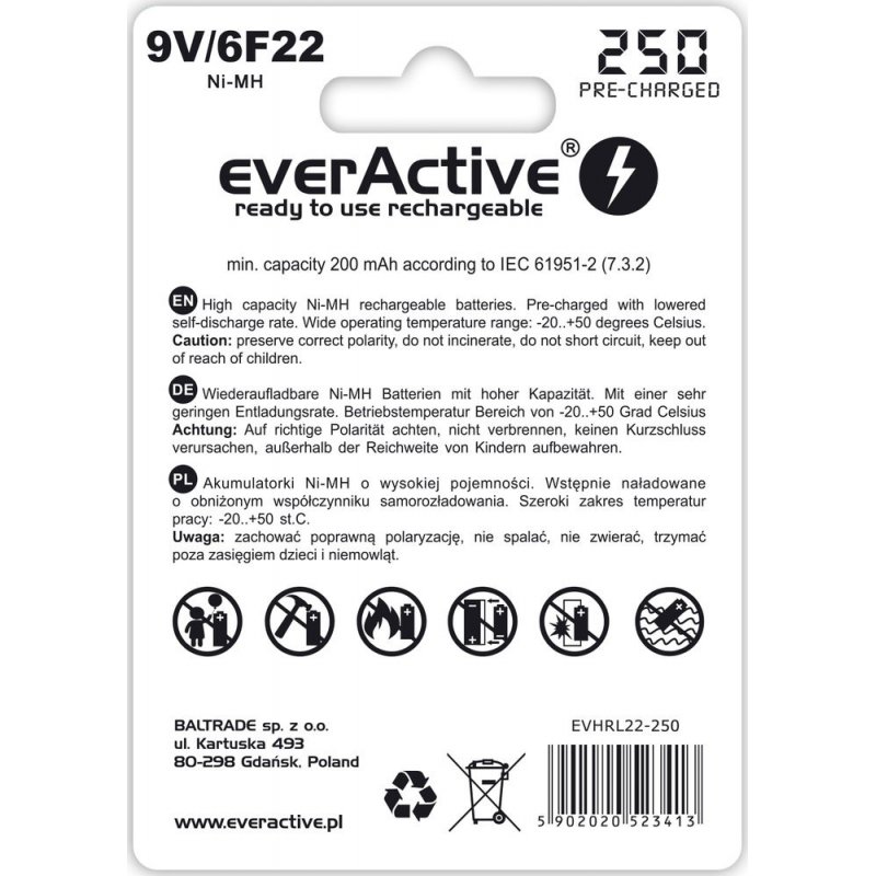 Everactive EVHRL22-250 pile domestique Batterie rechargeable 9V Hybrides nickel-métal (NiMH)