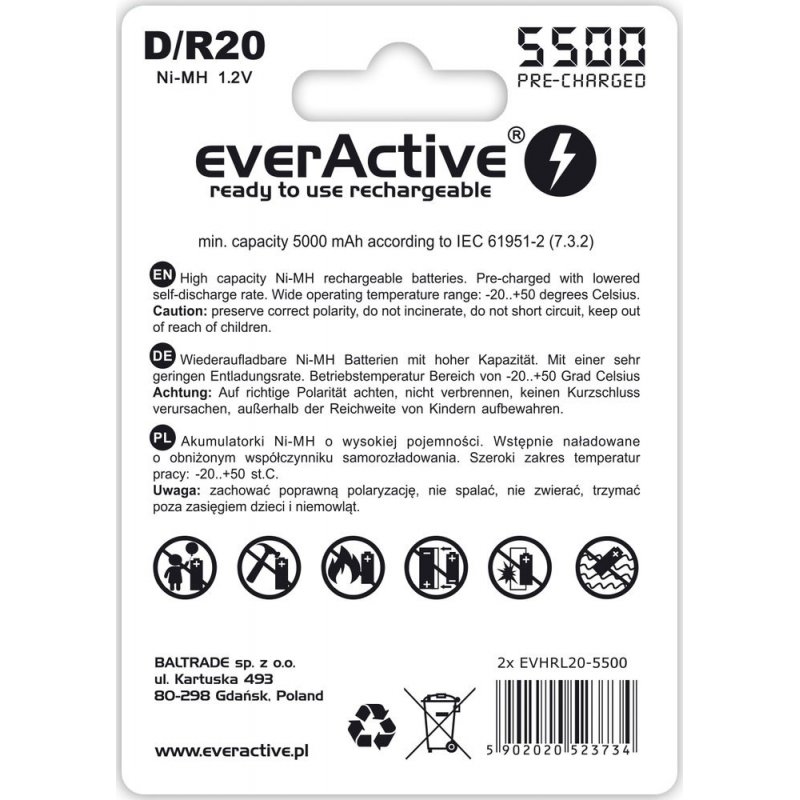 Everactive EVHRL20-5500 household battery Rechargeable battery D Nickel-Metal Hydride (NiMH)