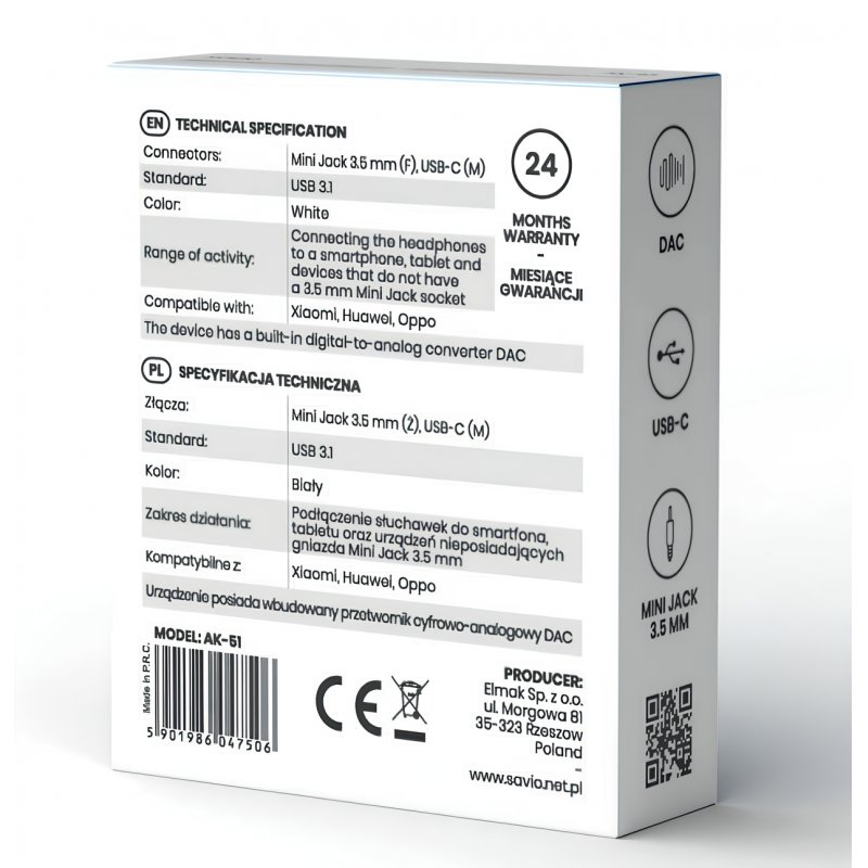 USB Type 3.1 C (M) – Jack 3.5mm (F) Audio adapter White SAVIO AK-51
