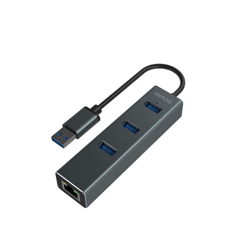 Savio AK-57 USB-A - 3 x USB-A HUB with RJ-45 Gigabit Ethernet adapter 5000 Mbit/s grey USB 3.2 Gen 1 (3.1 Gen 1)