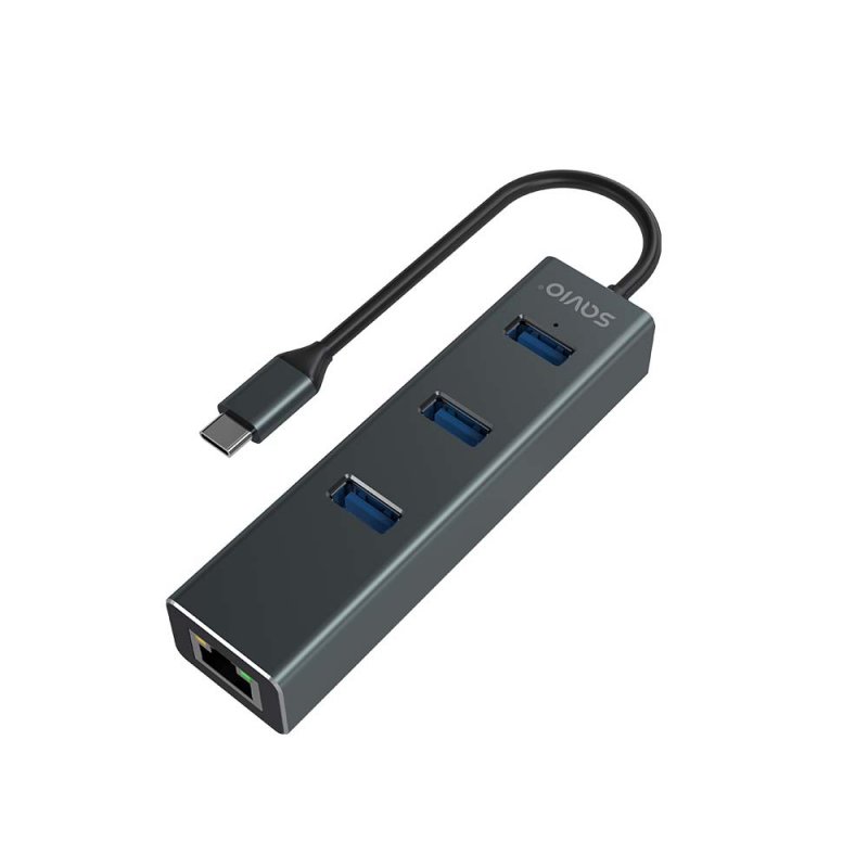 Savio AK-57 USB-C - 3 x USB-A HUB with RJ-45 Gigabit Ethernet adapter 5000 Mbit/s grey 2 x USB 3.2 Gen 2 (3.1 Gen 2)