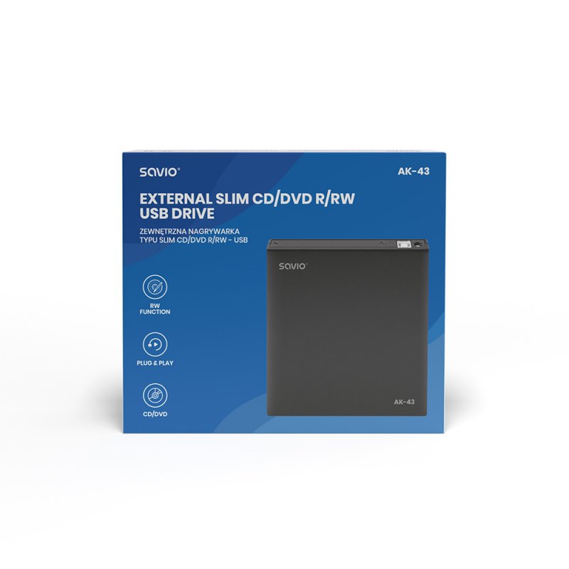 Savio AK-43 optical disc External Slim drive DVD±R/RW CD±R/RW Black optical disc drive DVD±RW