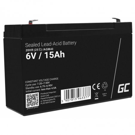 Green Cell AGM40 Batterie de l'onduleur VRLA AGM 6 V 15 Ah