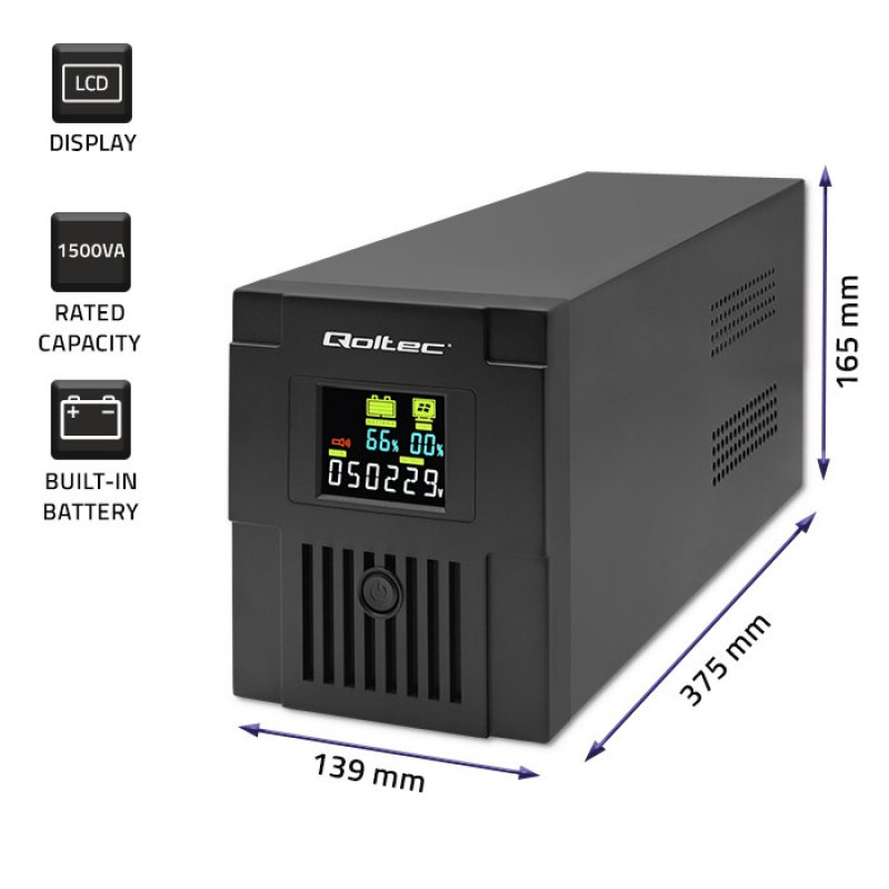 Qoltec 53770 alimentation d'énergie non interruptible Interactivité de ligne 1,5 kVA 900 W 2 sortie(s) CA