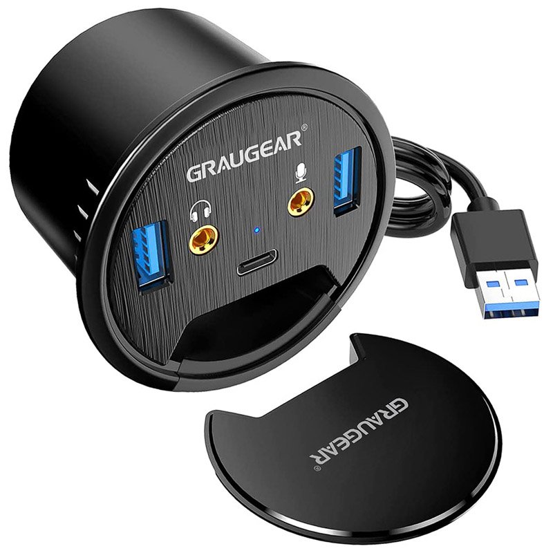 Graugear Tisch-HUB, USB 3.0 2x Type-A / 1x Type-C, Audioanschluss, 60 mm