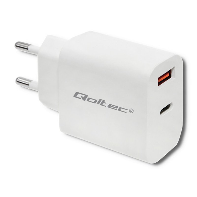 Qoltec 51714 Charger | 18W | 5-12V | 1.5-3A | USB type C PD | USB QC 3.0 | White