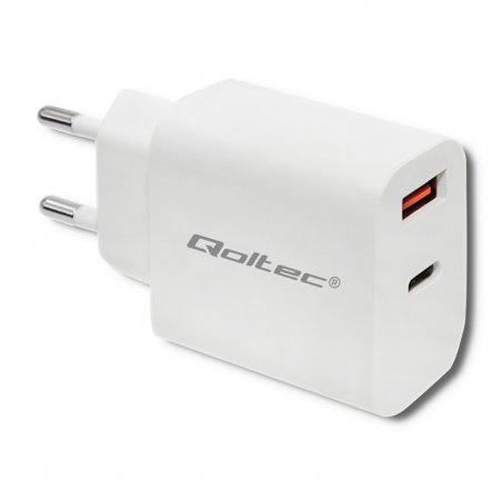 Qoltec 51714 Charger | 18W | 5-12V | 1.5-3A | USB type C PD | USB QC 3.0 | White