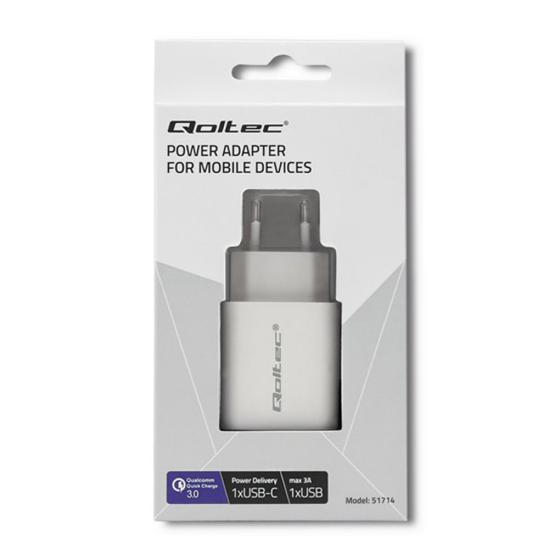 Qoltec 51714 Charger | 18W | 5-12V | 1.5-3A | USB type C PD | USB QC 3.0 | White