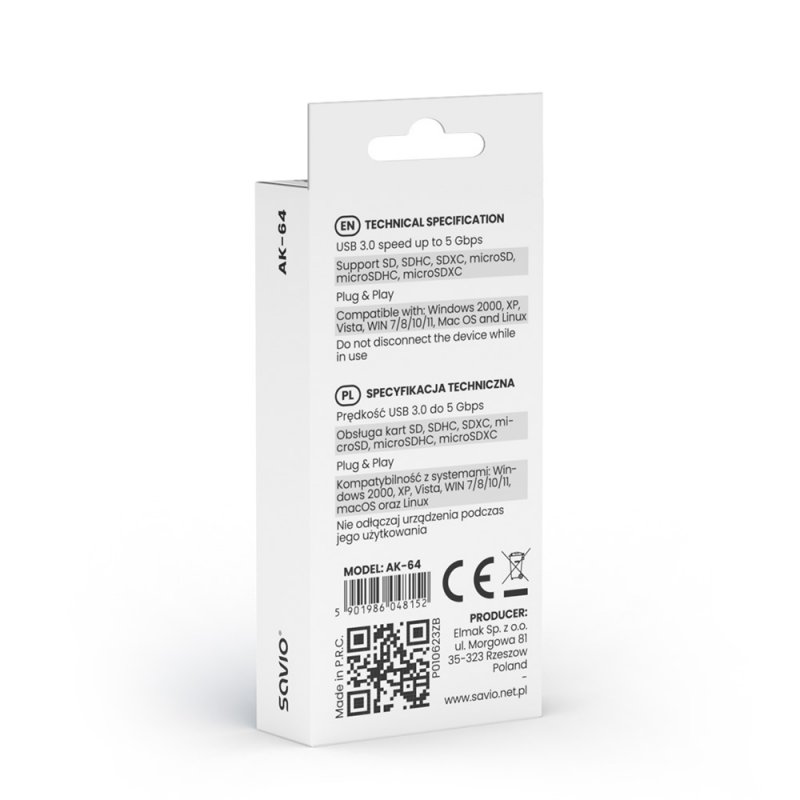 Savio AK-64 carte et adaptateur d'interfaces USB 3.2 Gen 1 (3.1 Gen 1)