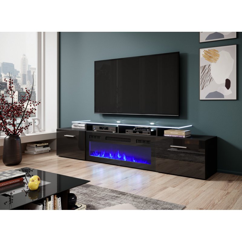 RTV cabinet ROVA with electric fireplace 190x37x48 cm black/black gloss