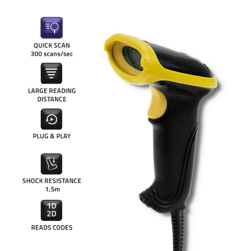 Qoltec 50867 lecteur de code barres Lecteur de code barre portable 1D/2D Laser Noir, Jaune