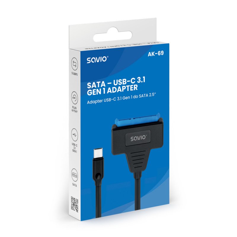 SAVIO AK-69 Adapter USB-C 3.1 Gen 1 (M) - SATA (F) for 2.5 drives