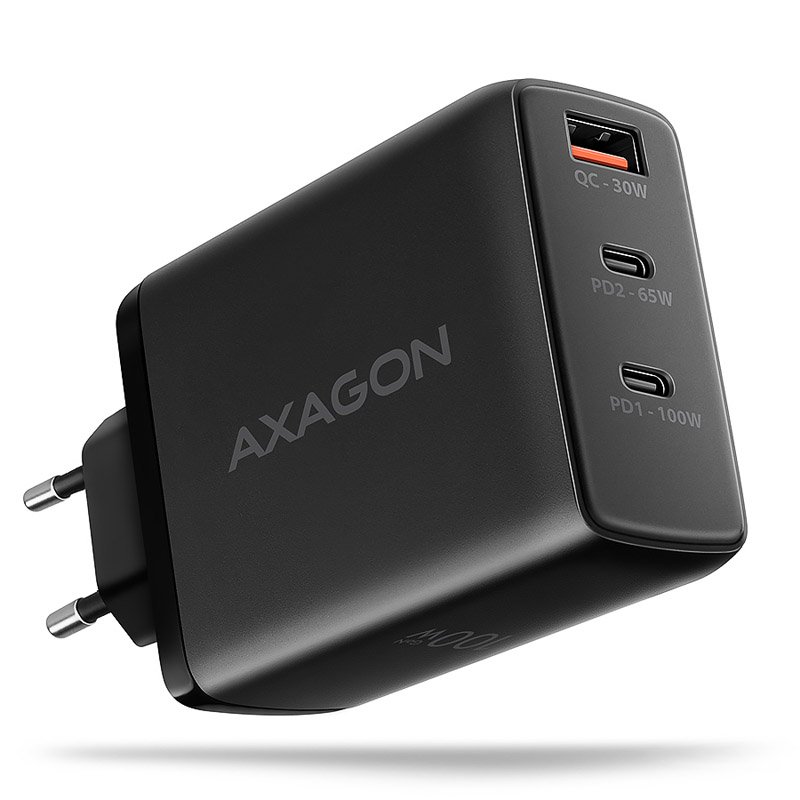 AXAGON ACU-DPQ100 GaN Wall charger, 3x port (USB dual USB-C), PD3.0/QC4 /PPS/Apple, 100W, schwarz