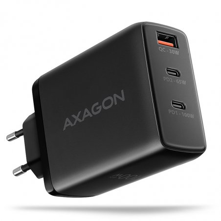 AXAGON ACU-DPQ100 GaN Wall charger, 3x port (USB dual USB-C), PD3.0/QC4 /PPS/Apple, 100W, schwarz