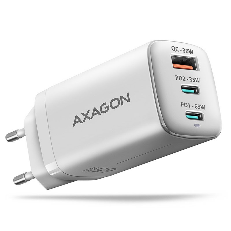 AXAGON ACU-DPQ65W 1x USB-A / 2x USB-C, PD 3.0 / QC4 / PPS, 65W, weiß