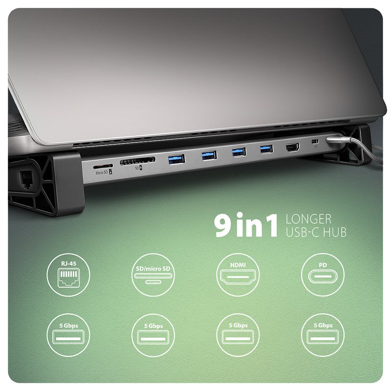 AXAGON HMC-10HLS Multiport-Hub, 4x USB-A und 2x USB-C, HDMI 4K/60Hz, RJ-45, SD/microSD, PD 100W