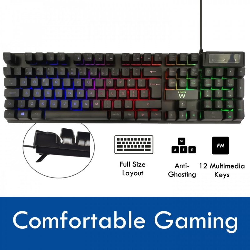 TECLADO PARA JUEGOS EWENT USB, ILUMINADO, DISEÑO PT.