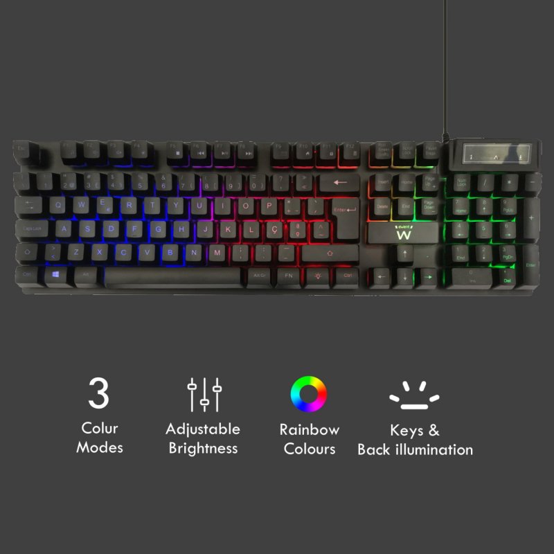 TECLADO PARA JUEGOS EWENT USB, ILUMINADO, DISEÑO PT.