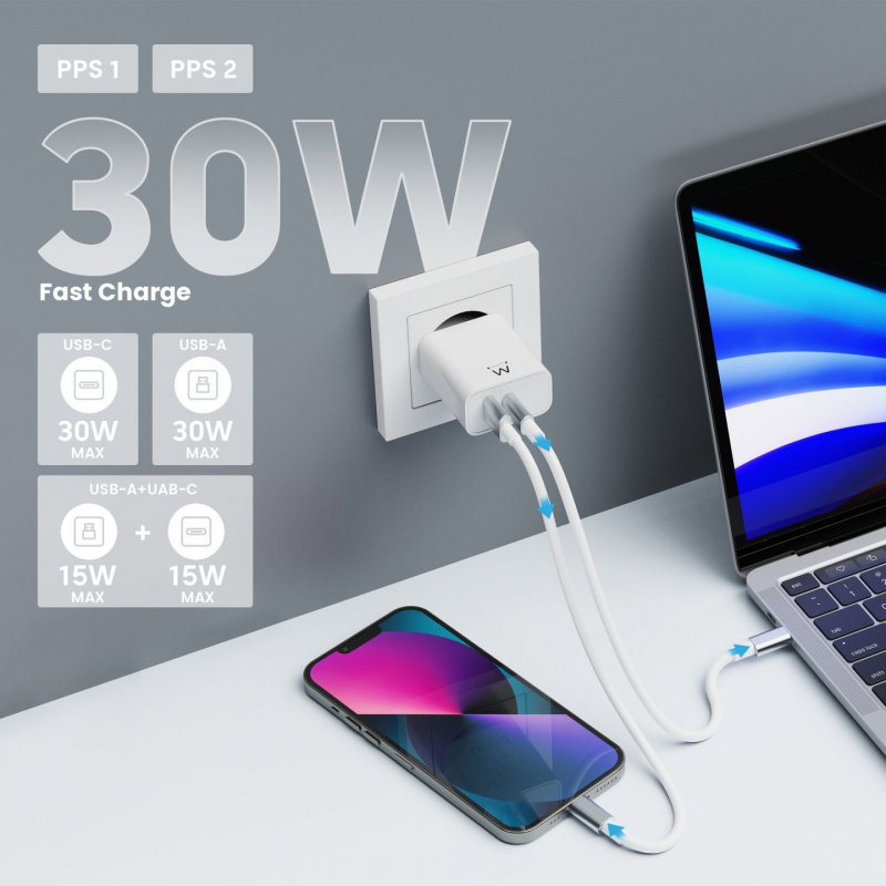 CARGADOR EWENT USB-C Y USB-A QC3.0 AC PD 2 PUERTOS (30 W) BLANCO