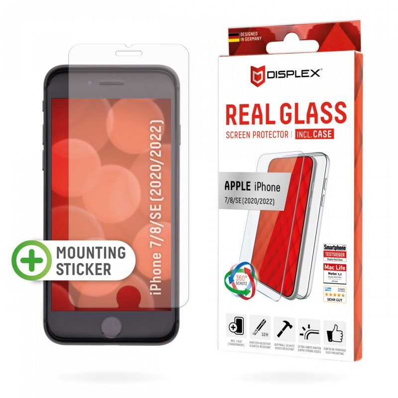 Displex Screen Protector (10H) Case for Apple iPhone 7/8/SE (2020/2022), Mounting Sticker, Case, Tempered Glass,