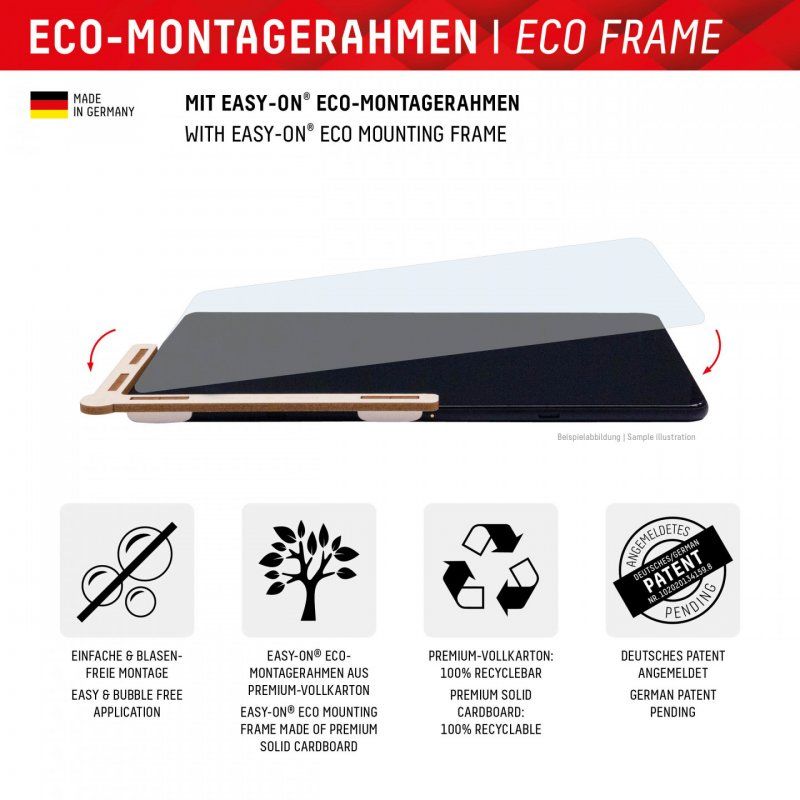 DISPLEX Tablet Glass (9H) für Samsung Galaxy Tab S7/S8/S)/S9 FE Eco-Montagerahmen L-Form, unzerbrechlich, ultra-dünn,