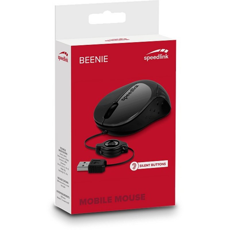 Speedlink BEENIE Mobile USB-Mouse, Justierbare Kabellänge, 3 geräuschlose Tasten, 1.200 dpi Auflösung