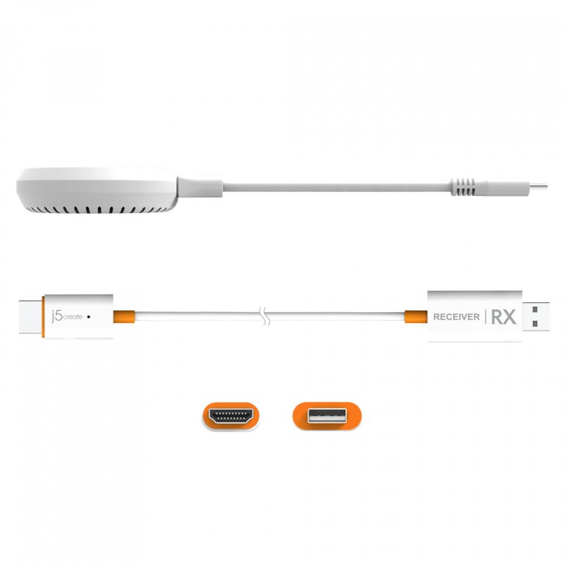 j5create JVAW62 ScreenCast USB-C Wireless Display HDMI™ Extender, White and Orange