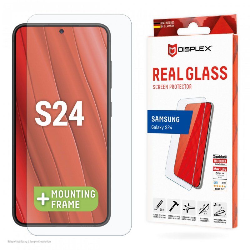 DISPLEX Panzerglas 2D/ Clear (10H) für Samsung Galaxy S24 Eco-Montagerahmen, Tempered Glas, kratzer-resistente