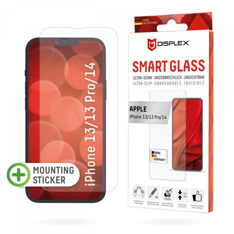 Displex Smart Glass (9H) for Apple iPhone 13/13 Pro/14, Mounting Sticker, unbreakable, ultra-slim, invisible