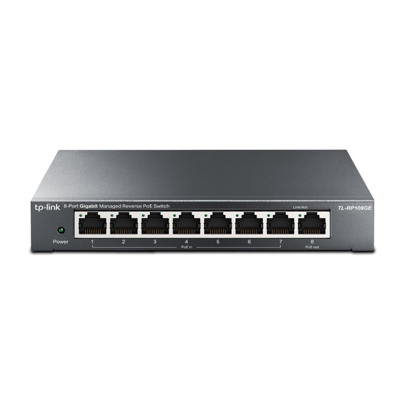 TP-LINK (TL-RP108GE) 8-Port Gigabit Managed Reverse PoE Switch, 7 PoE Input & 1 PoE Output, DC Output, Metal Casing