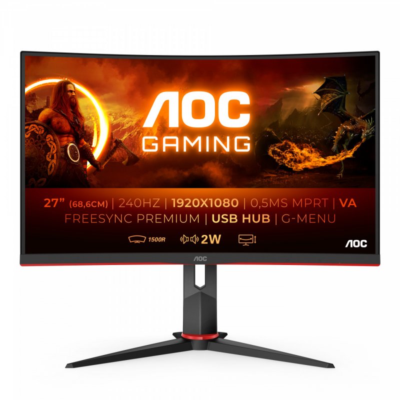 Moniteur 27" AOC C27G2ZU/BK incurve - Dalle VA - 16:9 - 1920x1080 - 300cd/m² - 0.5ms - 3000:1 - DP/2xHDMI - Hub USB