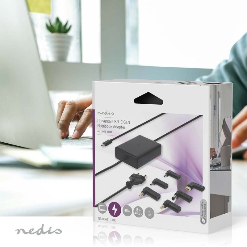 Nedis Notebook Adapter Netzteil| GaN | 65 W | 5 / 9 / 12 / 15 / 20 V DC | 2.4 / 3.0 / 3.25 A | Benutzt für: Notebook /