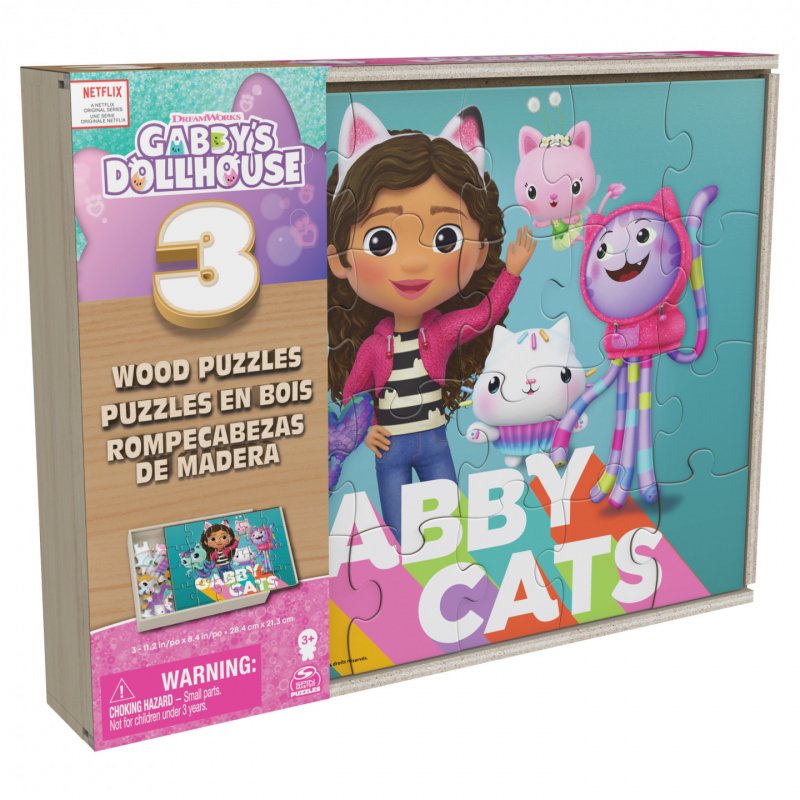 Games Gabby's Dollhouse, Coffret de 3 puzzles en bois de 24 pièces avec boîte de rangement en bois, pour enfants à