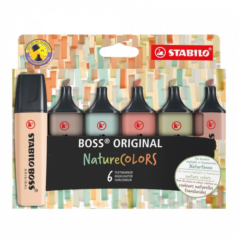 STABILO BOSS NatureColors marqueur 6 pièce(s) Pointe biseautée Noir, Bronze, Marron, Vert, Gris, Vert clair