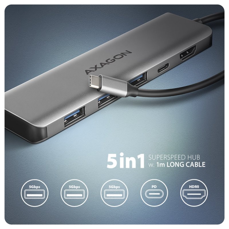 AXAGON HMC-5H USB-C 3.2 Gen 1 hub, 3x USB-A, 4K HDMI, PD 100W - Silber