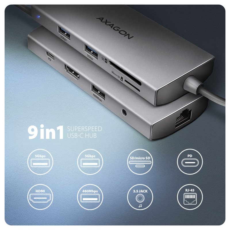 AXAGON HMC-8HLSA USB-C 3.2 Gen 1 Multiport-Hub, 3x USB-A 4K/60Hz HDMI SD/microSD, Gigabit LAN, A