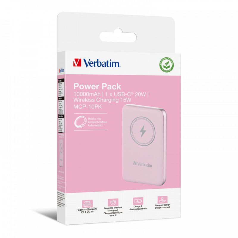 Verbatim Charge 'n' Go Magnetic Wireless Power Bank 10000mAh Pink