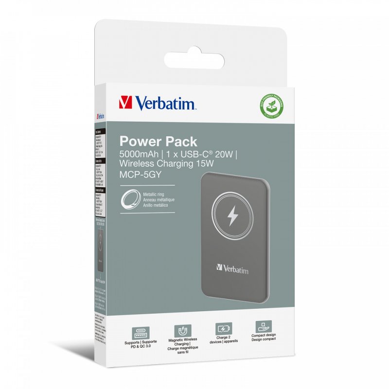Verbatim Charge 'n' Go Magnetic Wireless Power Bank 5000mAh Grey