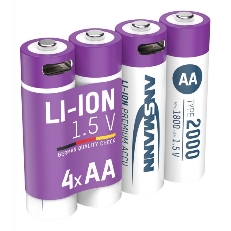 Li-Ion Akku Mignon AA Typ 2.000 (min. 1.800 mAh), 4er-Pack (weiß/violett, 4x AA (Mignon), USB-C Ladeport)