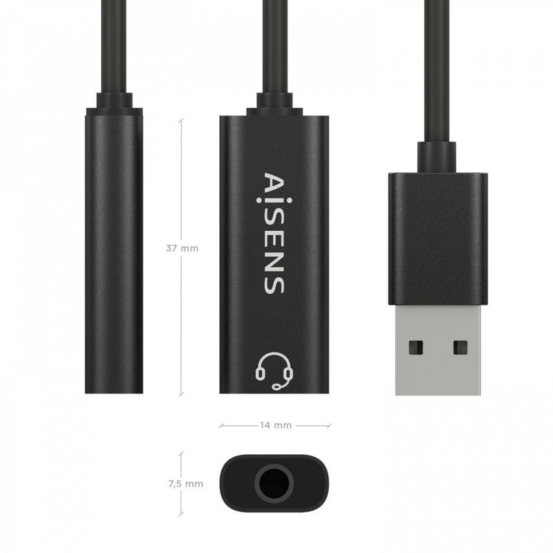 CONVERSOR AISENS USB-A A AUDIO 48KHZ USB-A/M-JACK 3.5/H NEGRO 10CM