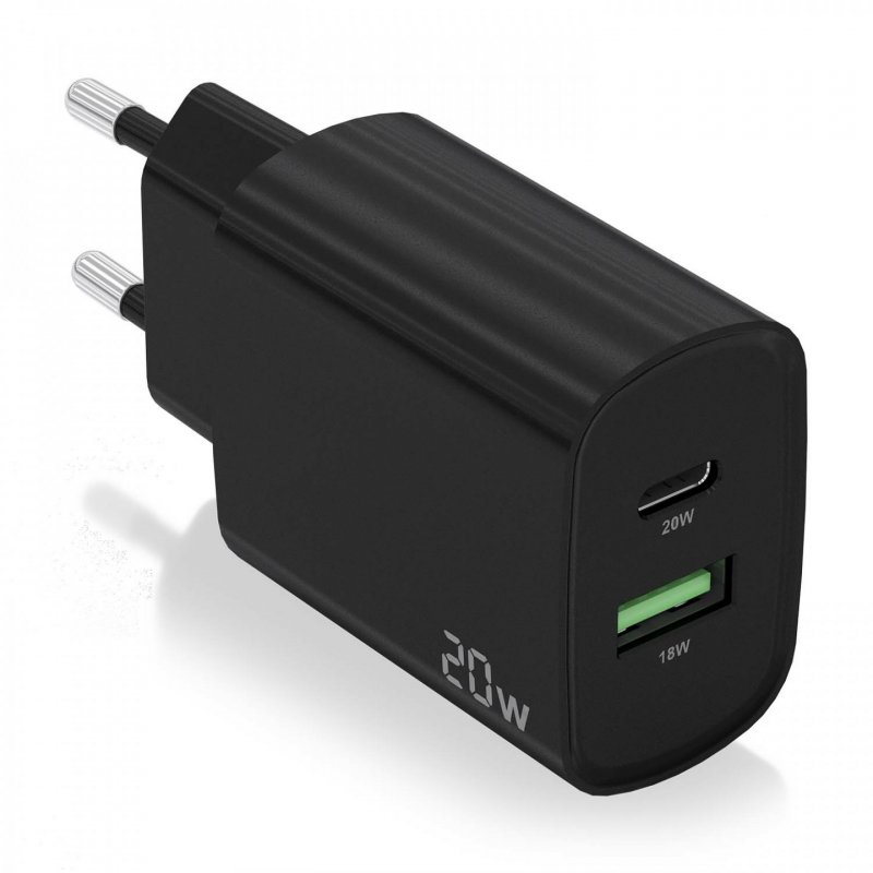AISENS Cargador 20W, 1xUSB-C PD3.0, 1xUSB-A QC3.0, Negro
