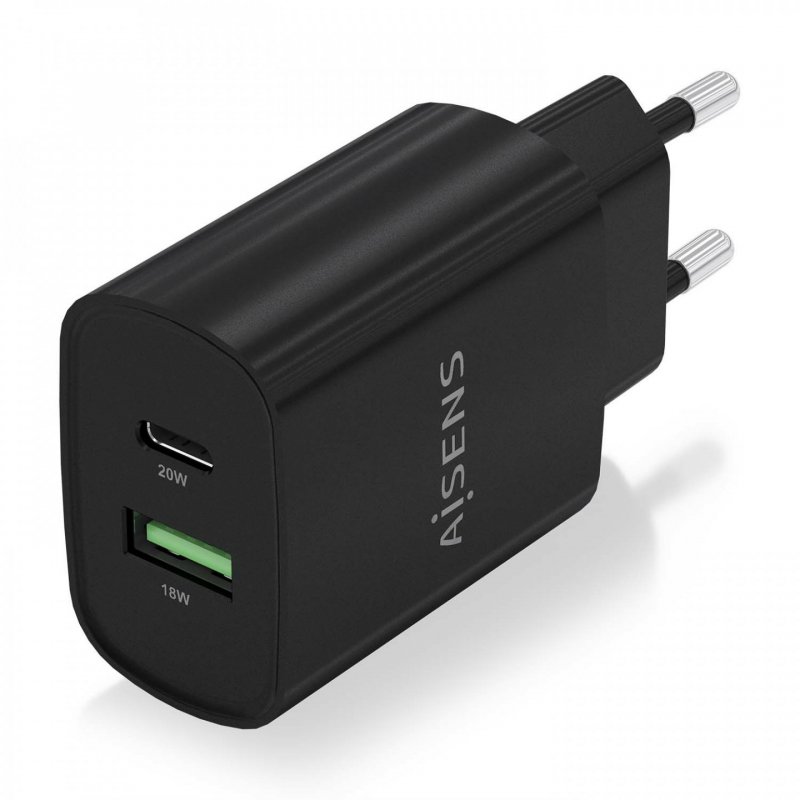 CARGADOR AISENS 20W 1XUSB-C PD3.0 1XUSB-A QC3.0 NEGRO