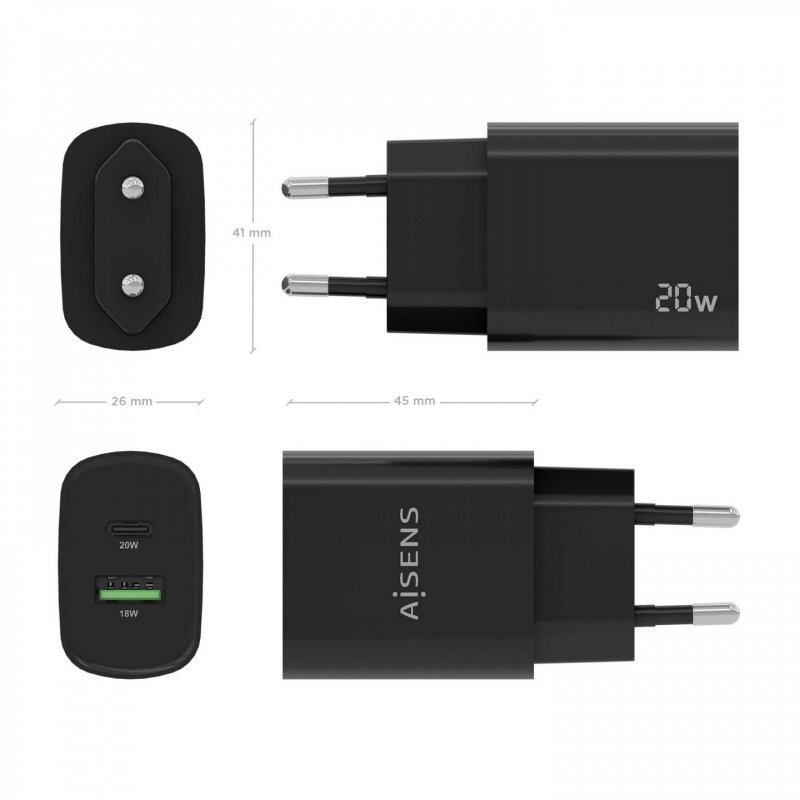 AISENS Cargador 20W, 1xUSB-C PD3.0, 1xUSB-A QC3.0, Negro