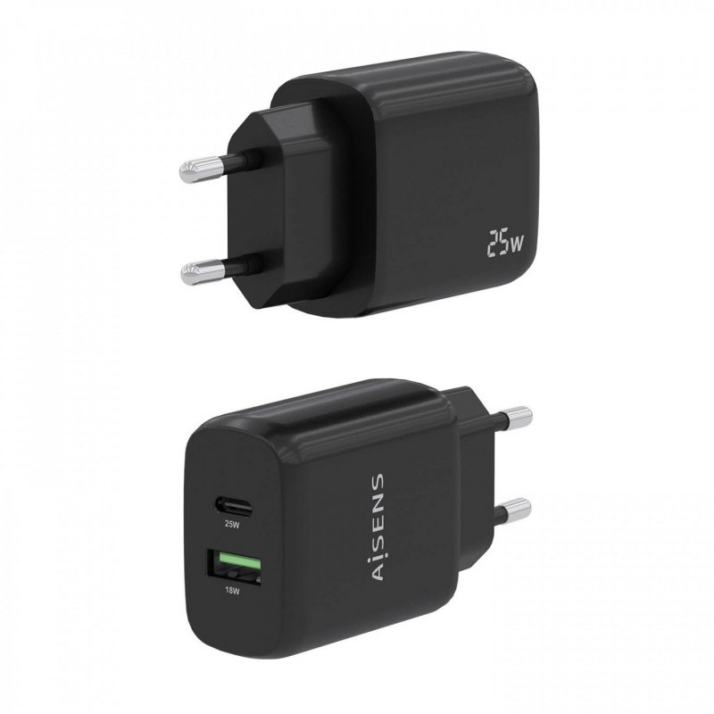 CARGADOR AISENS 25W 1XUSB-C PD3.0 1XUSB-A QC3.0 NEGRO