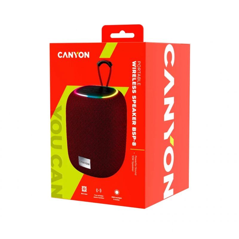 Canyon Tragbarer kabelloser Bluetooth-Lautsprecher BSP-8 10W Leistung, RGB-Hintergrundbeleuchtung, TWS-Funktion für