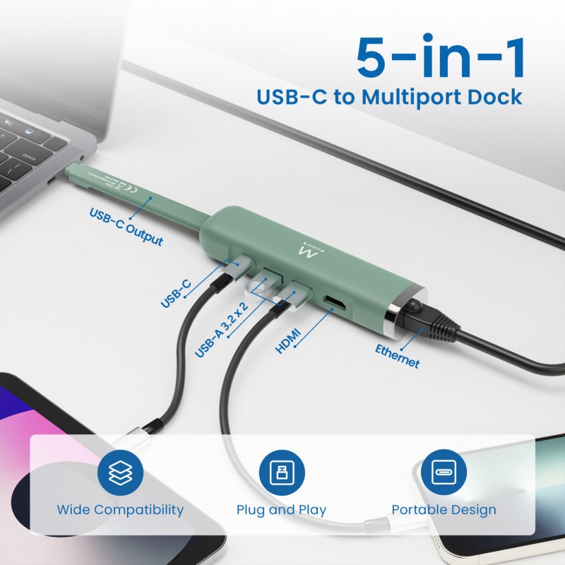 Ewent EW1148 laptop dock/port replicator Wired USB 3.2 Gen 1 (3.1 Gen 1) Type-C Green